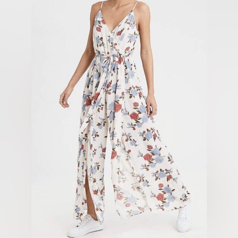 American Eagle Outfitters Cream Floral Wide Leg Jumpsuit - Picture 1 of 7